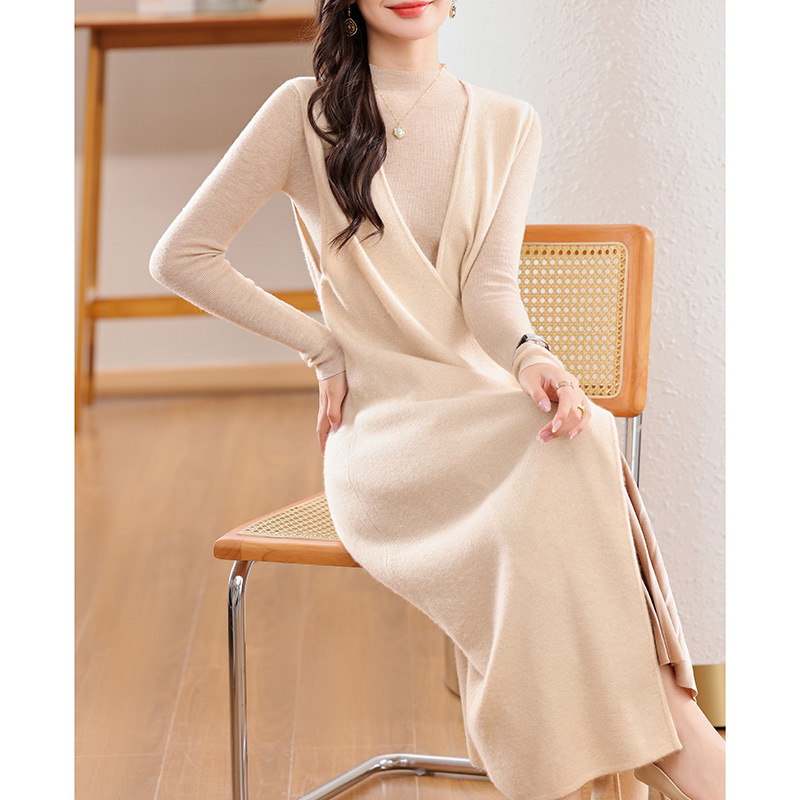 大人ワンピース ロング 上品ニットドレープロングワンピース