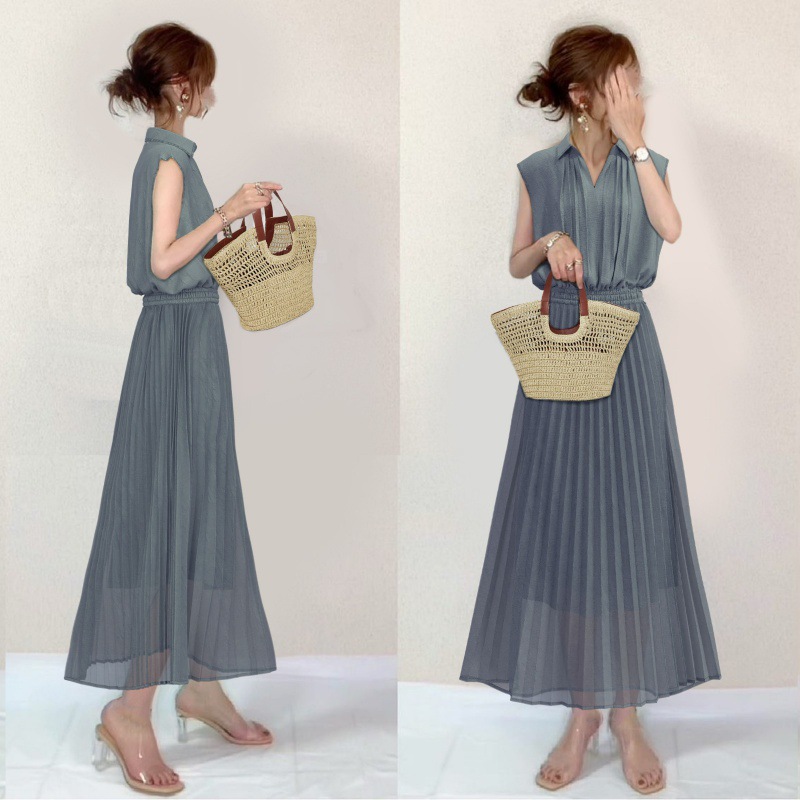 大人ワンピース ロング シアー素材プリーツロングワンピース