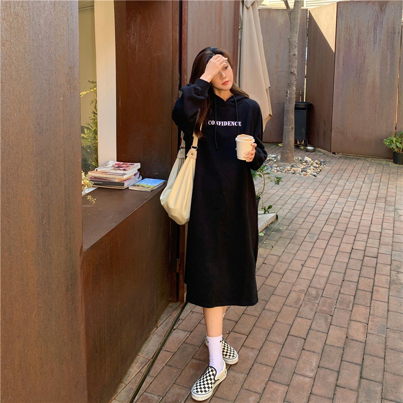 大人ワンピース フード付きロング丈ワンピース オーバーサイズ ロゴプリント