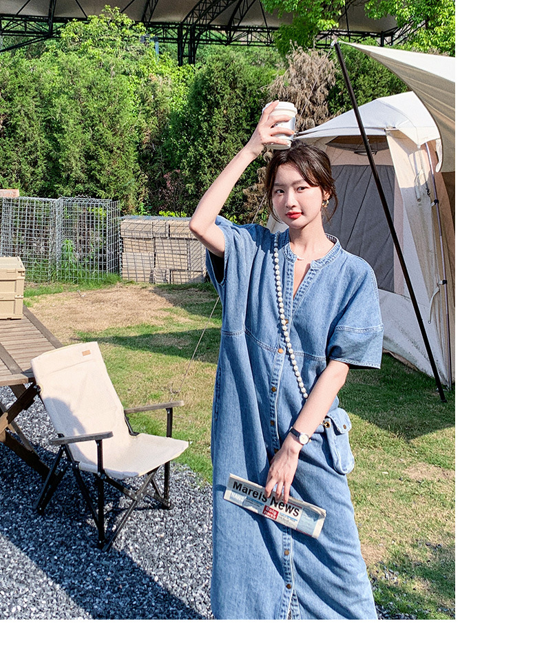 大人ワンピース ロング ノーカラーデニムワンピース