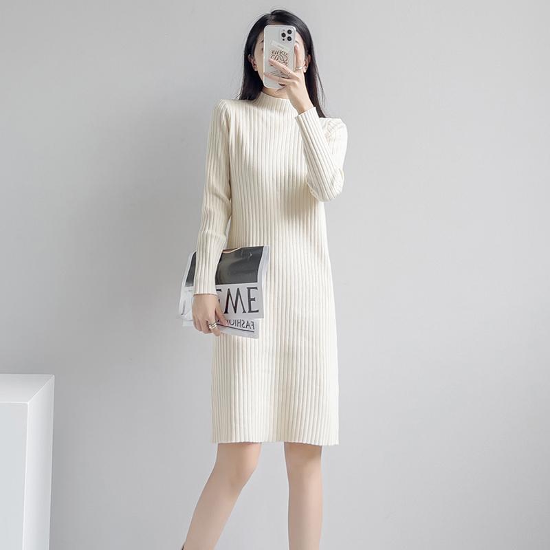 大人ワンピース ロング シンプル大人リブニットワンピース