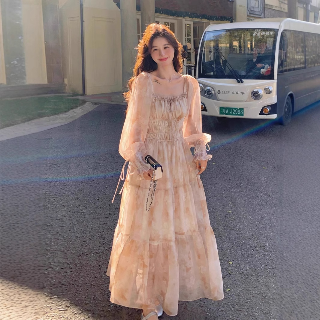 大人ワンピース ロング 優美な花柄ティアードワンピース