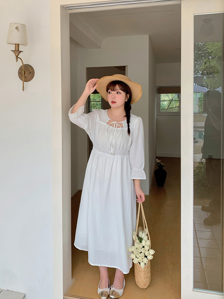 大人ワンピース ロング 優美シルエット 七分袖リボンワンピース