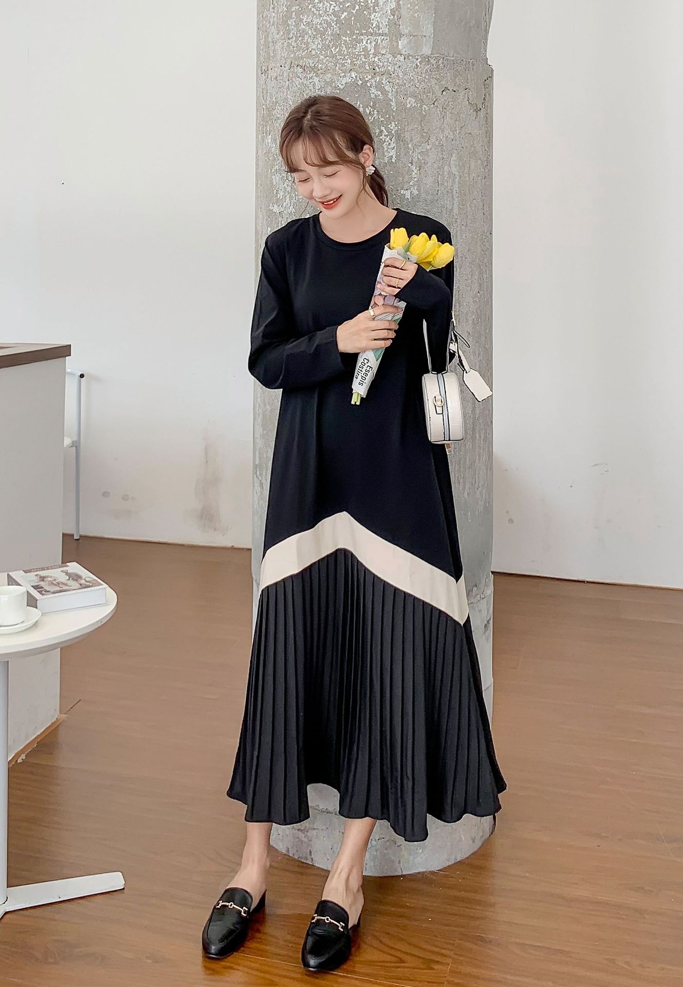 大人ワンピース ロング プリーツ切替ラインバイカラーワンピース