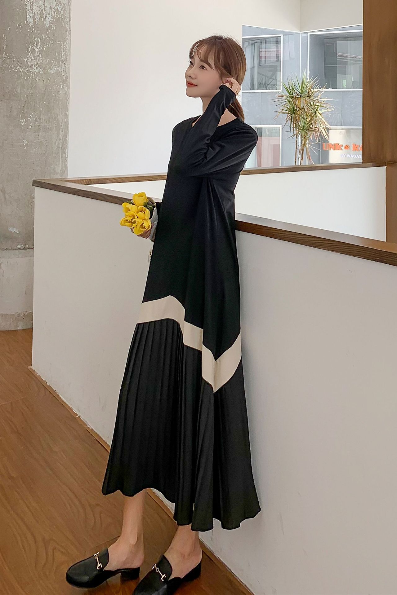 大人ワンピース ロング プリーツ切替ラインバイカラーワンピース