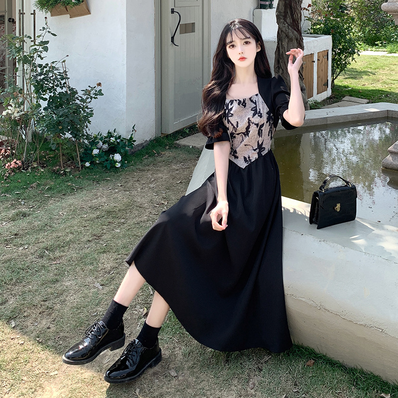 大人ワンピース 花模様胸元切替えロングワンピース
