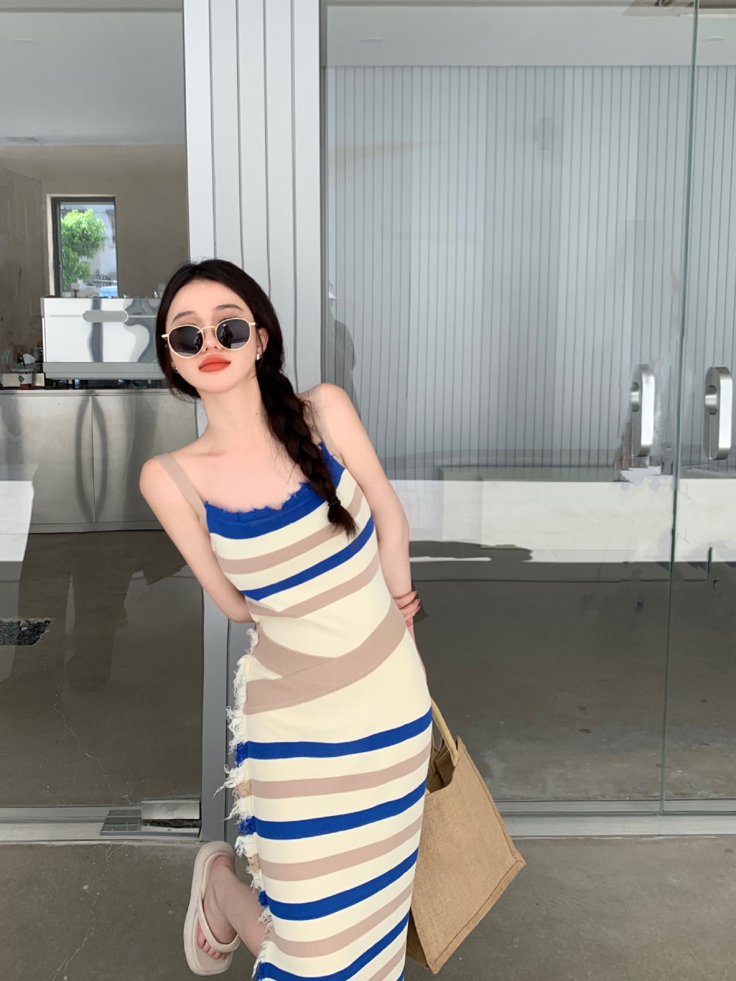 大人ワンピース ロング アシンメトリーストライプキャミワンピース