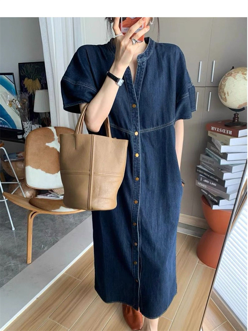 大人ワンピース ロング ノーカラーデニムワンピース