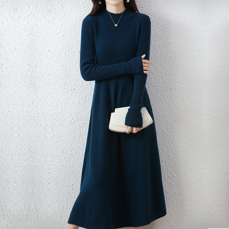 大人ワンピース ロング リブ編み上質ニットロングワンピース