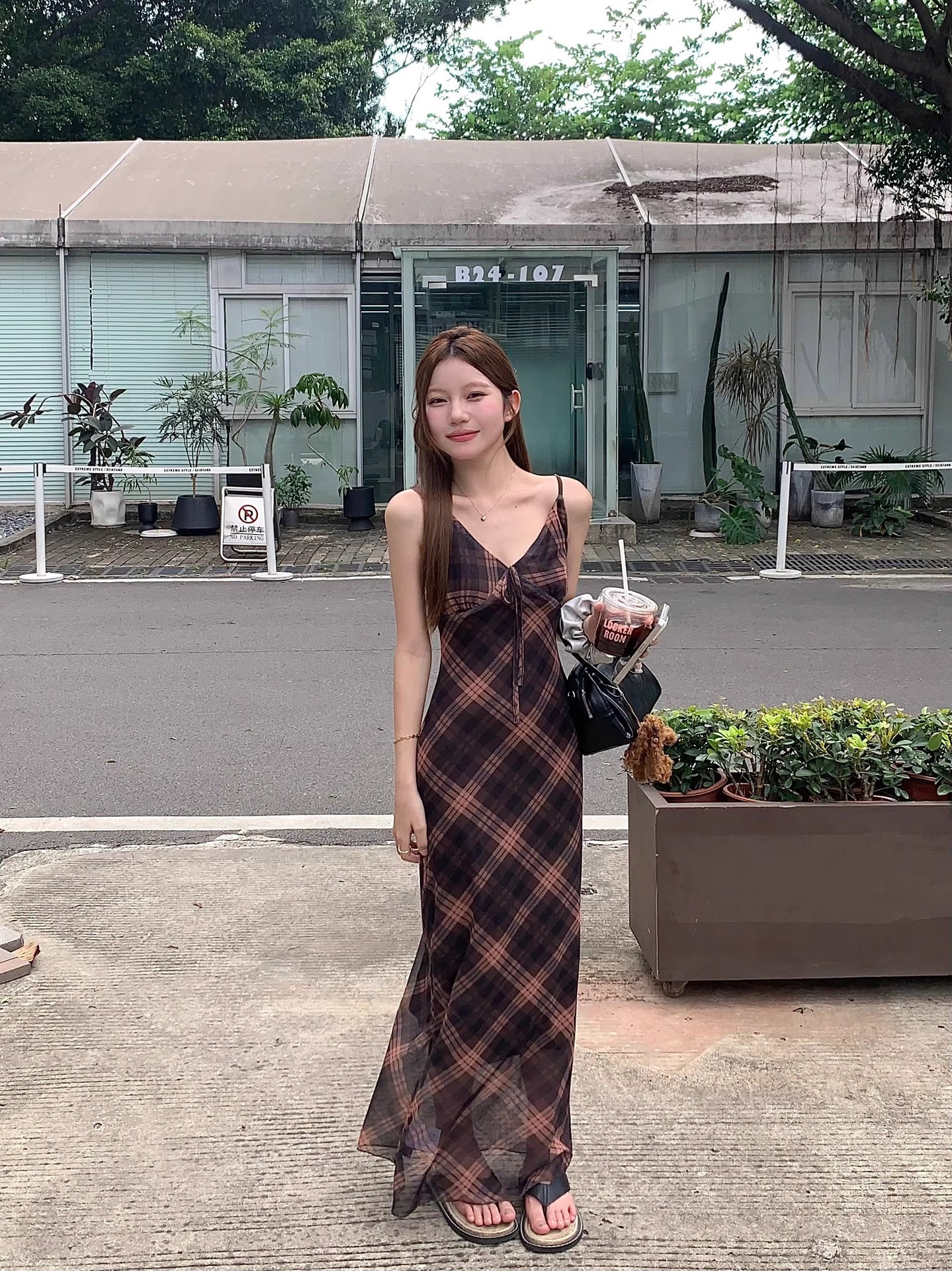 大人ワンピース ロング 格子柄キャミソールロングワンピース