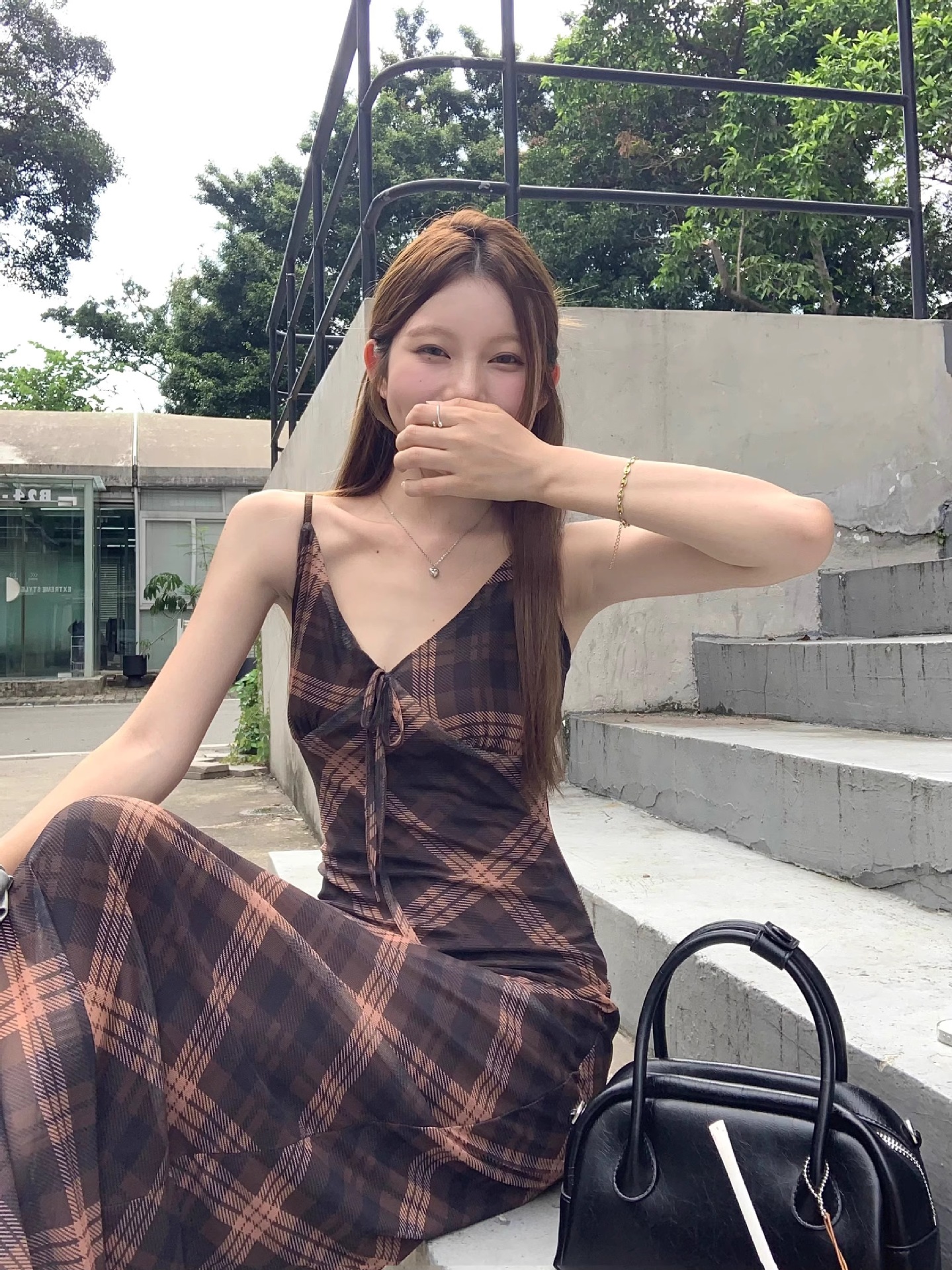 大人ワンピース ロング 格子柄キャミソールロングワンピース