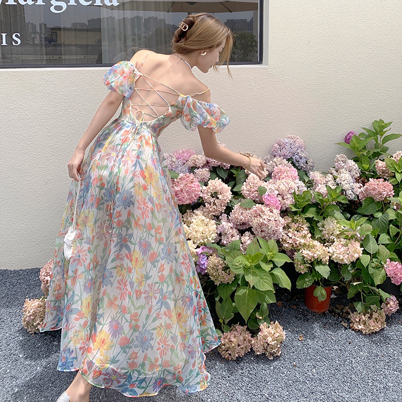 大人ワンピース ロング 優美な花咲くシアーギャザーワンピース