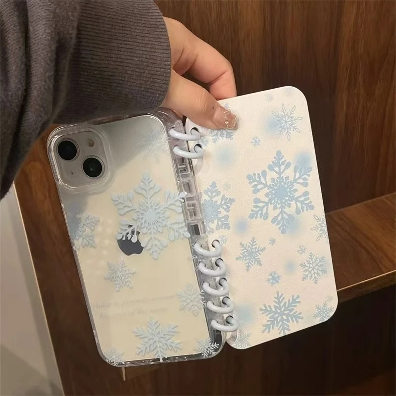 手帳型スマホケース 雪の結晶ノート風手帳型アイフォンケース