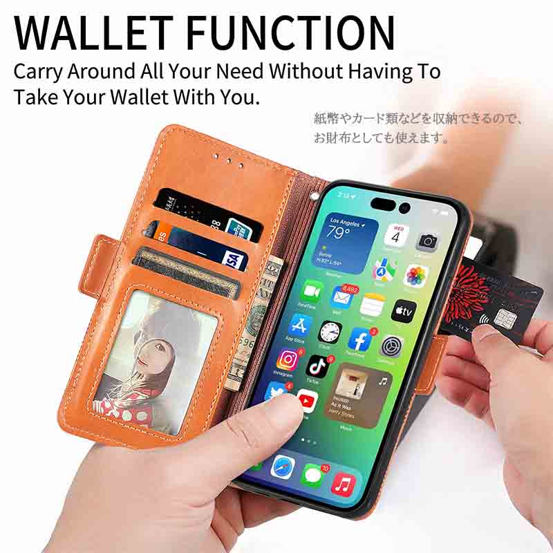 手帳型スマホケース iPhone13/14 手帳型レザー調ケース ショルダーストラップ付き