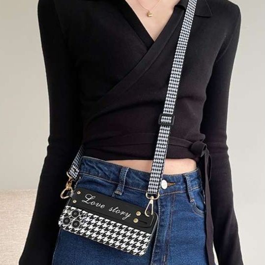 手帳型スマホケース スマホではなく、ポーチのような千鳥格子柄 ワンショルダーストラップ付きiPkoneケース