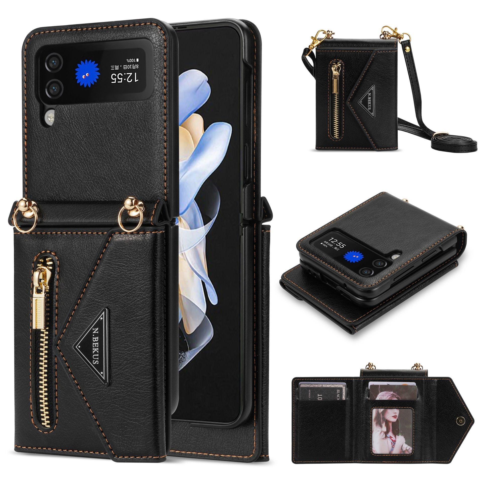 手帳型スマホケース キルティング柄ショルダーストラップ付き多機能財布一体型ケース