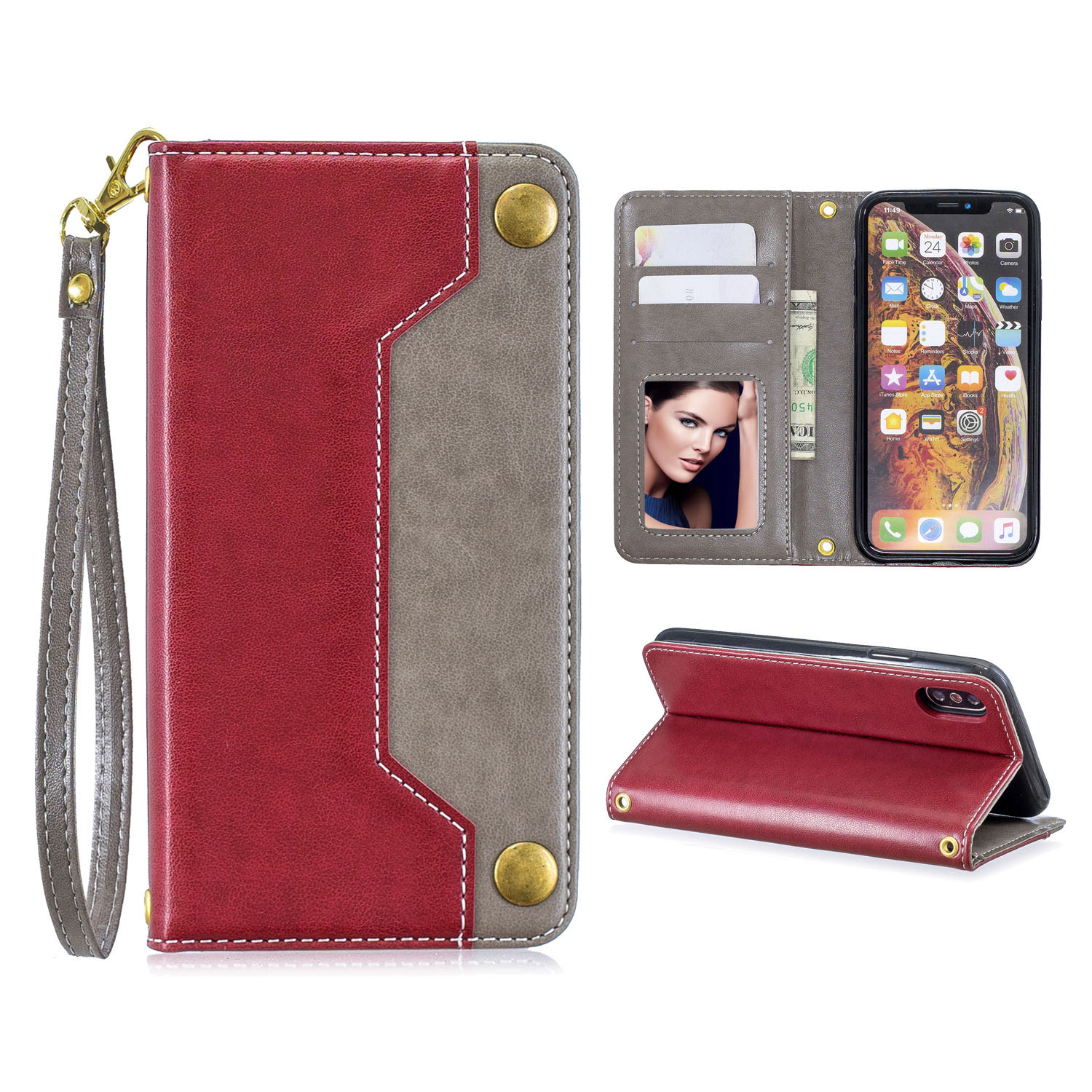 手帳型スマホケース 本革風カード収納付きiPhoneケース