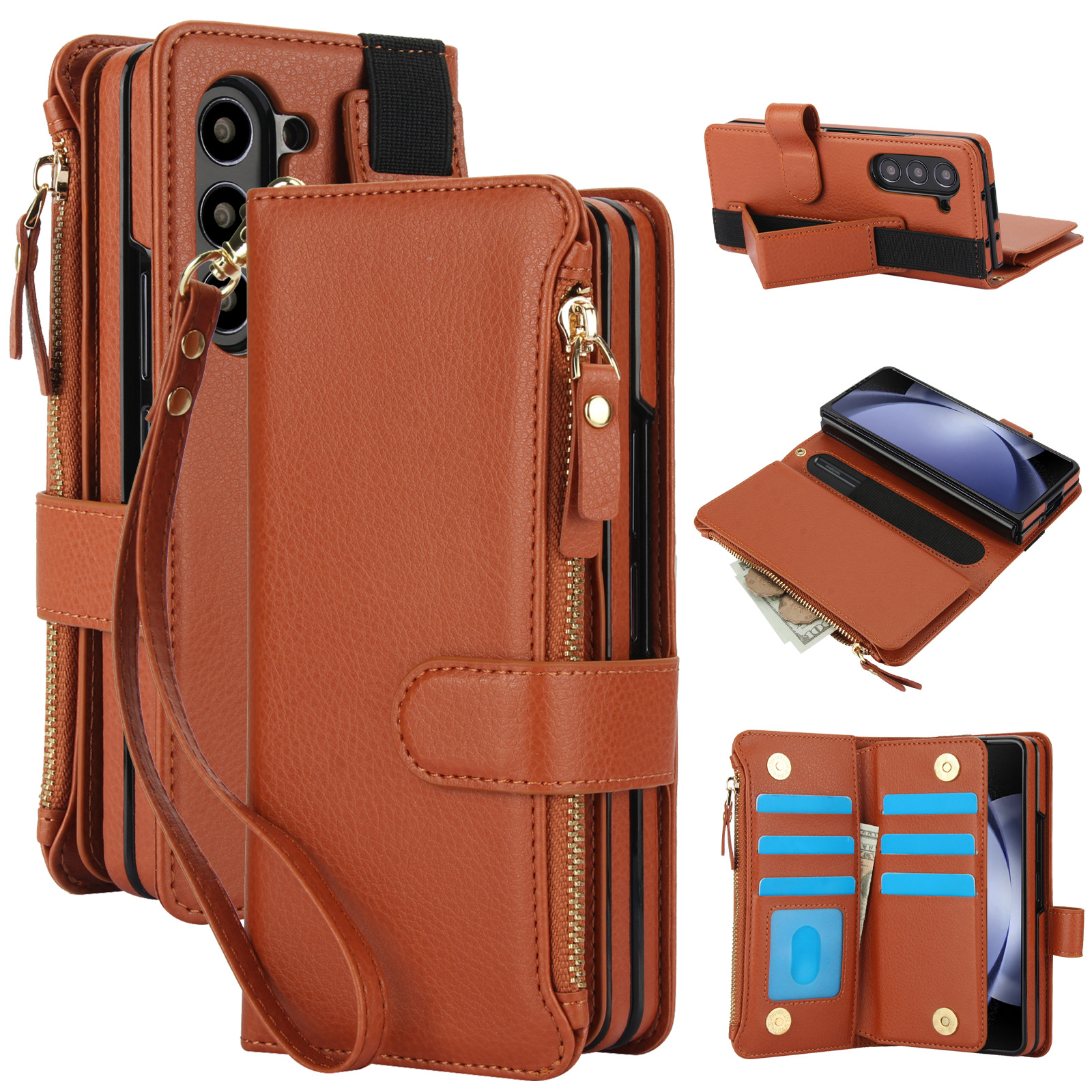 手帳型スマホケース 指通しベルト付き財布一体型手帳型スマホケース