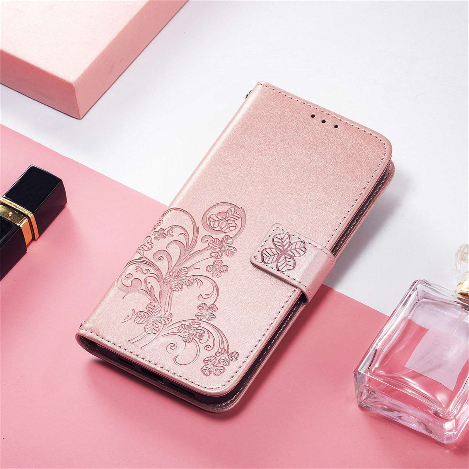 手帳型スマホケース 四つ葉クローバー型押し手帳型スマホケース