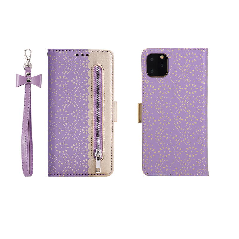 手帳型スマホケース 花柄レースiPhone12/13ファスナー付き多機能