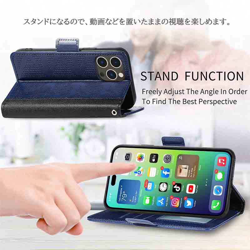 手帳型スマホケース iPhone13/14 手帳型レザー調ケース ショルダーストラップ付き