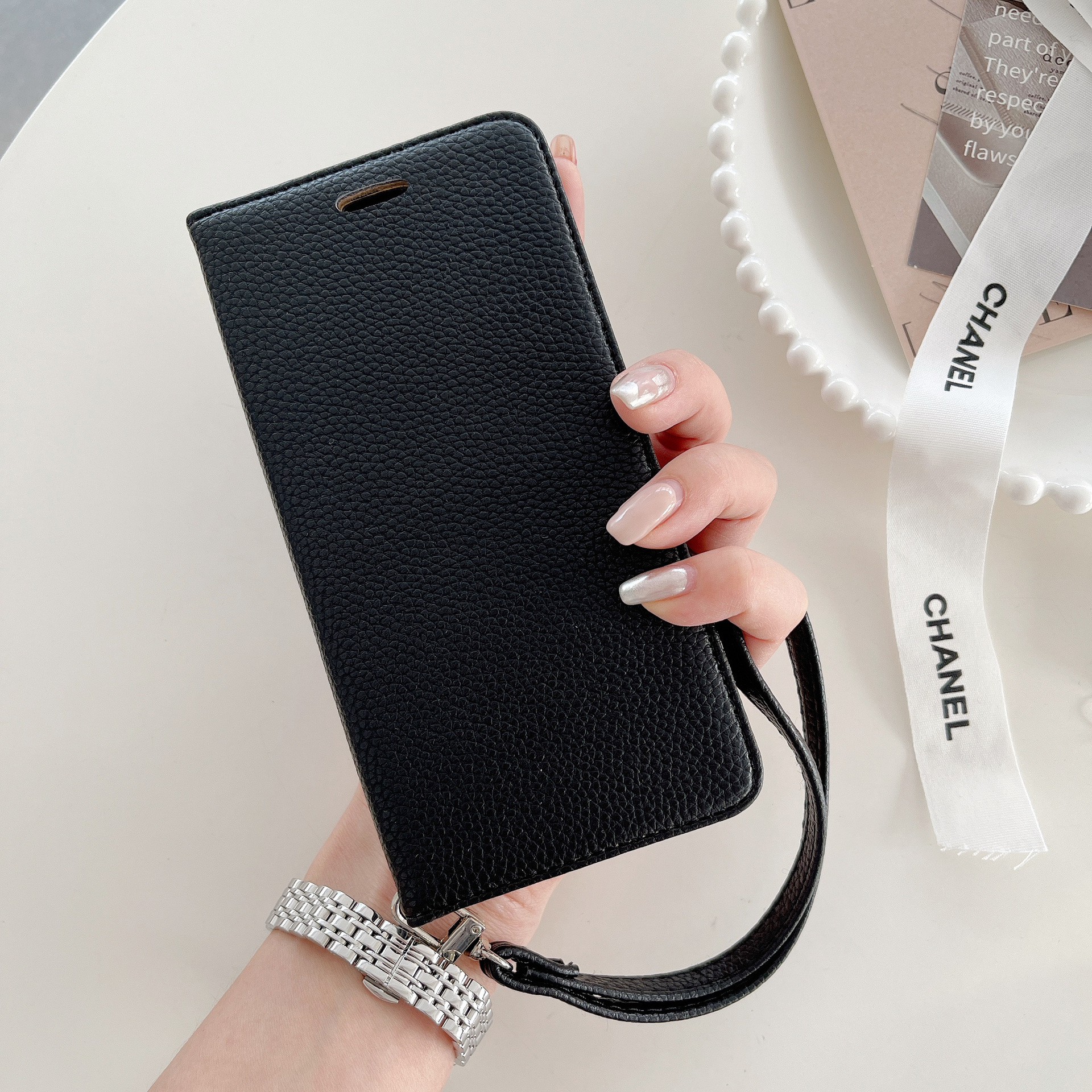 手帳型スマホケース ライチ模様レザー手帳型ストラップ付きケース