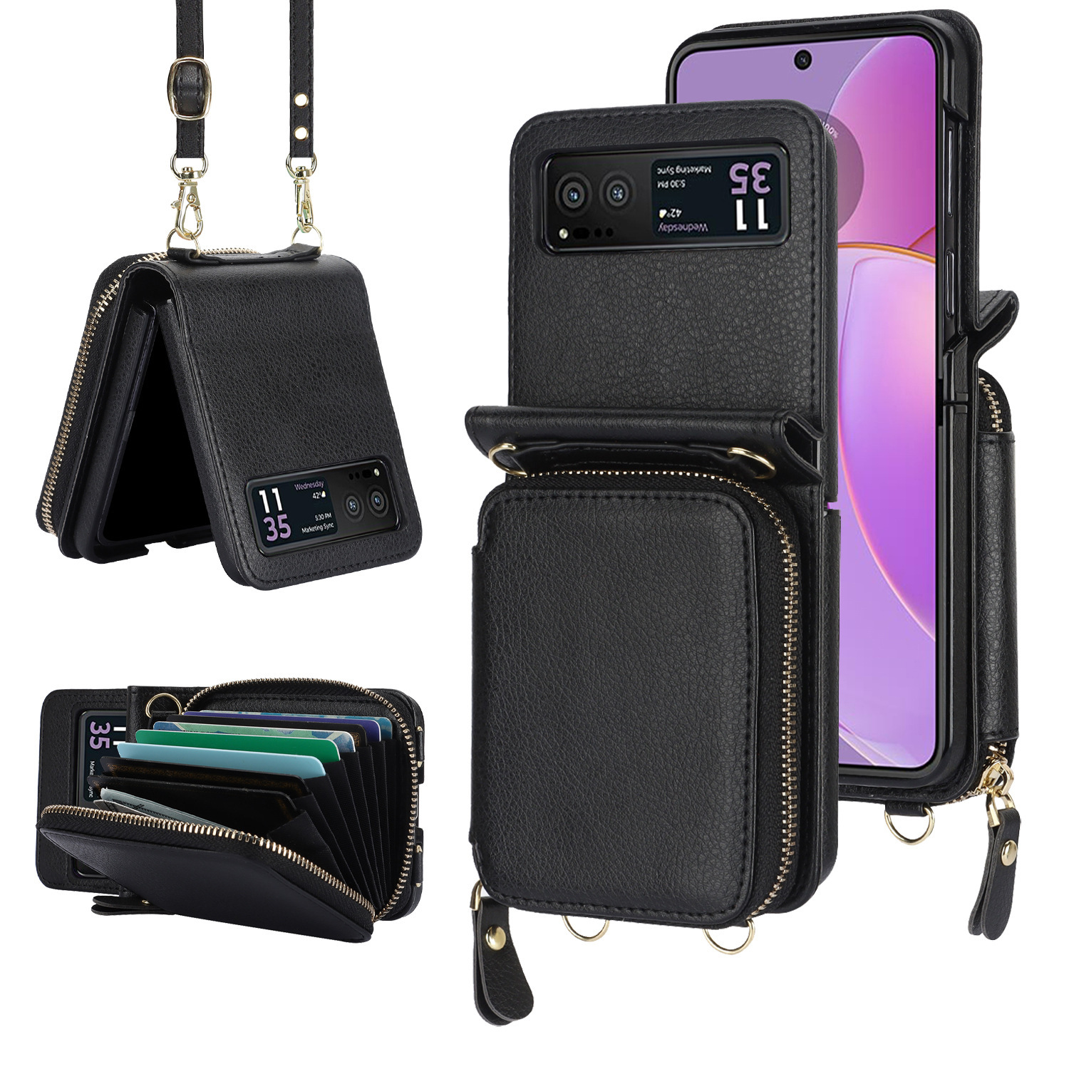 手帳型スマホケース 折りたたみ式財布一体型斜め掛けストラップ付き手帳型ケース