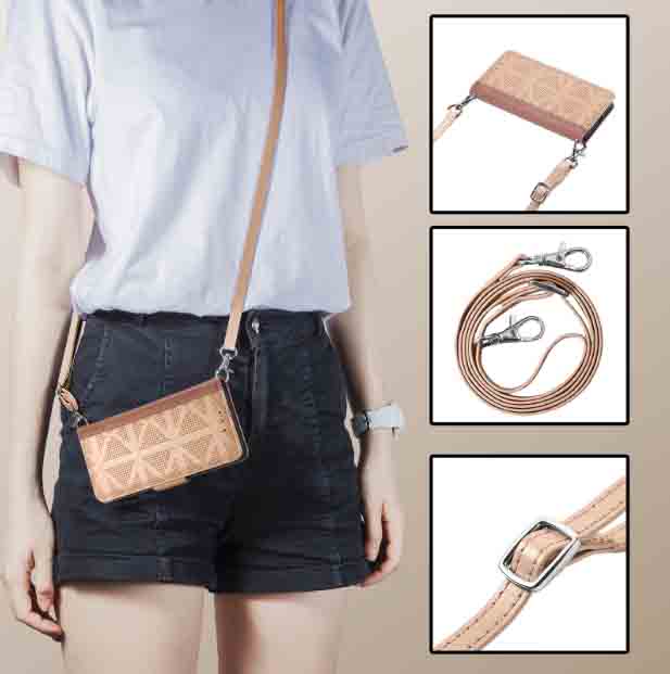 手帳型スマホケース iPhone13/14 手帳型レザー調ケース ショルダーストラップ付き