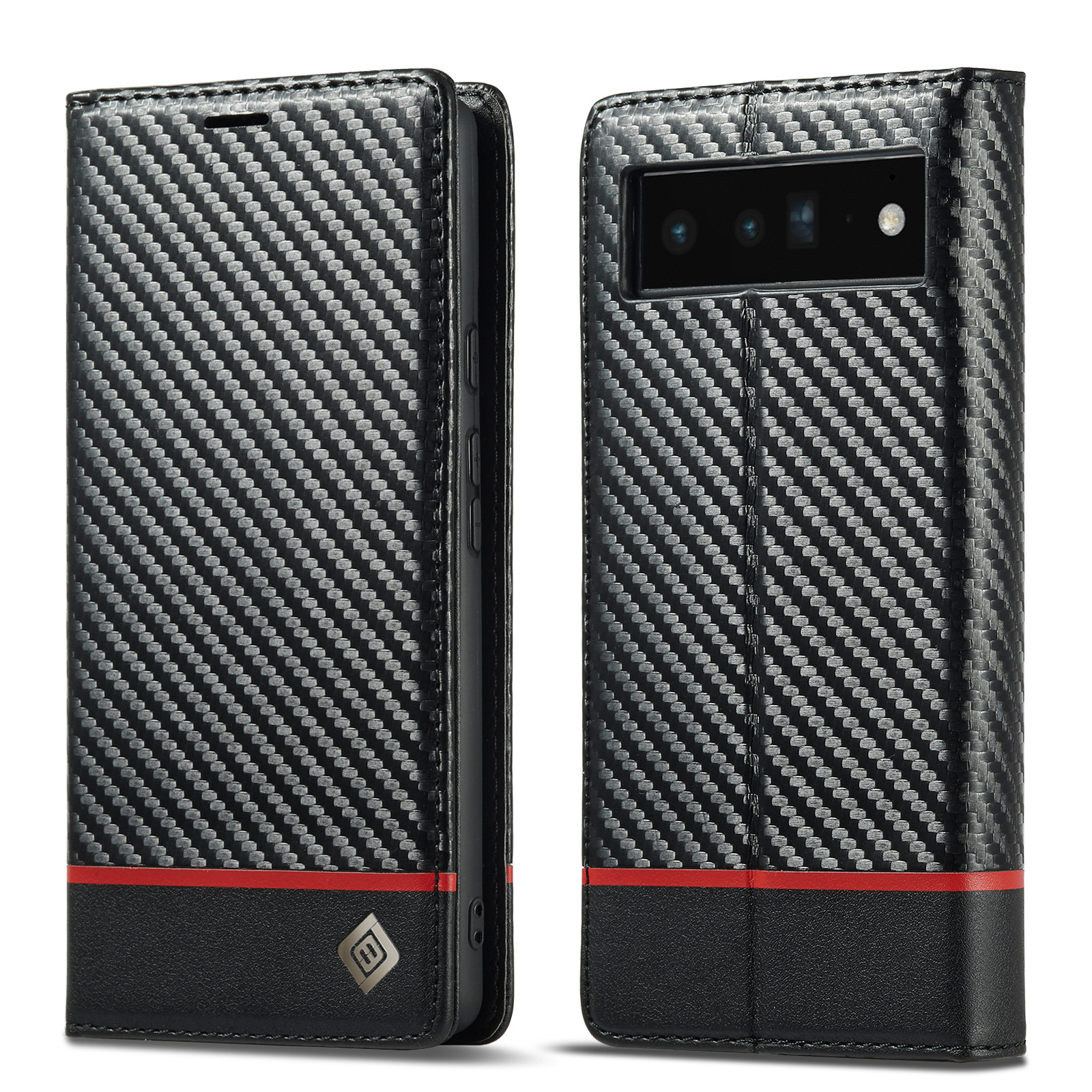 手帳型スマホケース カーボン柄型押し手帳型スマホケース赤ライン