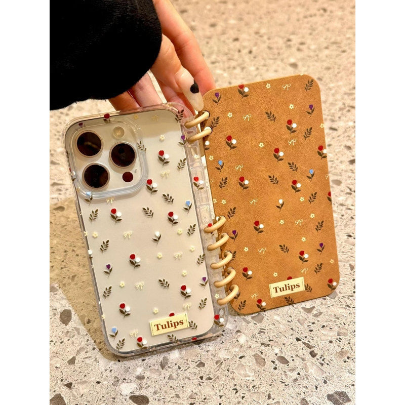 手帳型スマホケース 小花柄リング綴じ手帳型アイフォンケース