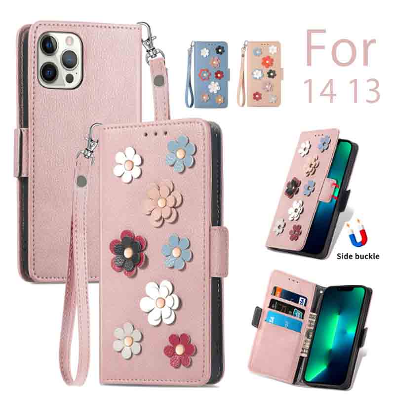 手帳型スマホケース iphone13/14専用の立体花柄手帳型ケース