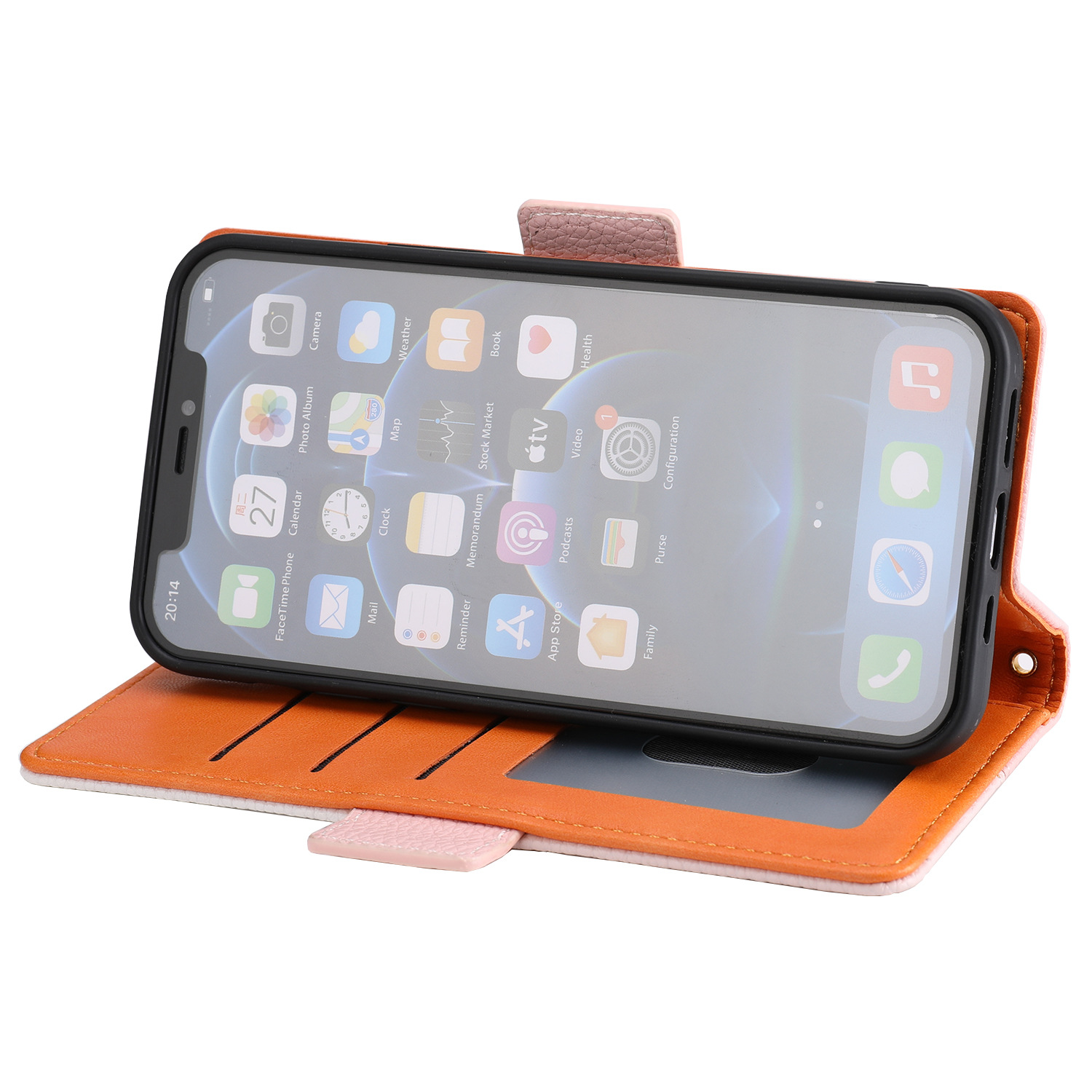 手帳型スマホケース iPhone12/13対応 レザー調カード収納付き