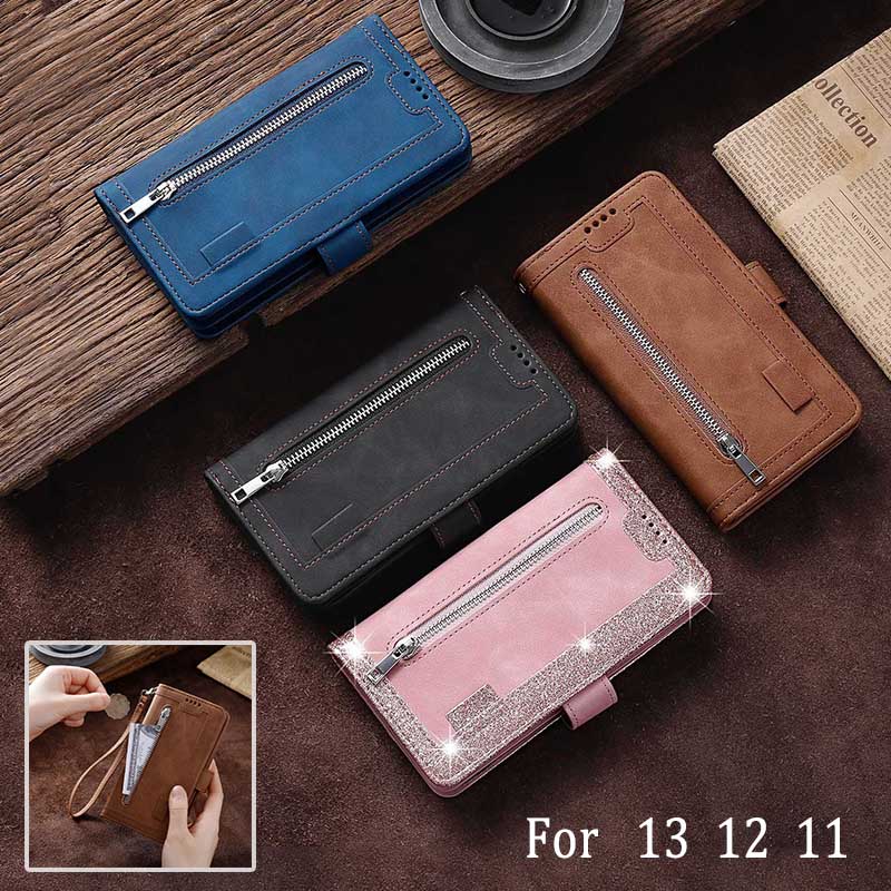 手帳型スマホケース iPhone12/13 ジッパー付きレザー調ケース