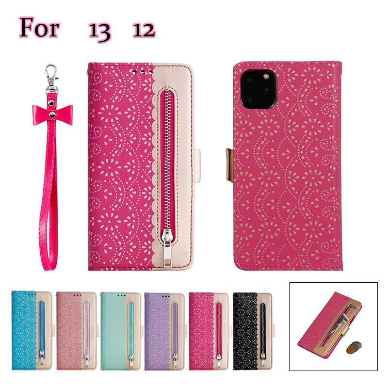 手帳型スマホケース 花柄レースiPhone12/13ファスナー付き多機能
