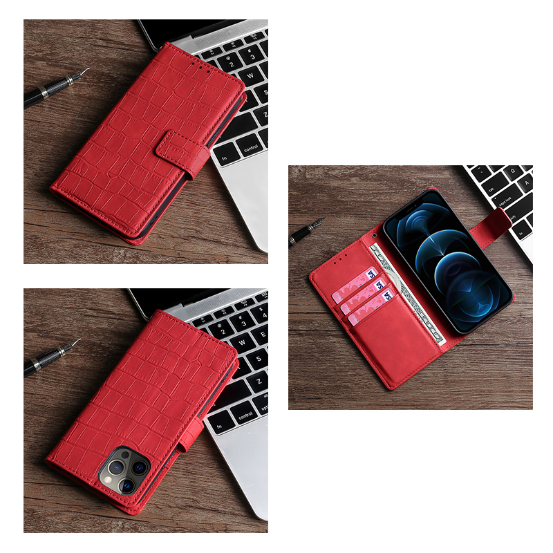 手帳型スマホケース iPhone11/12/13 クロコ調の高級レザー耐衝撃保護カバー