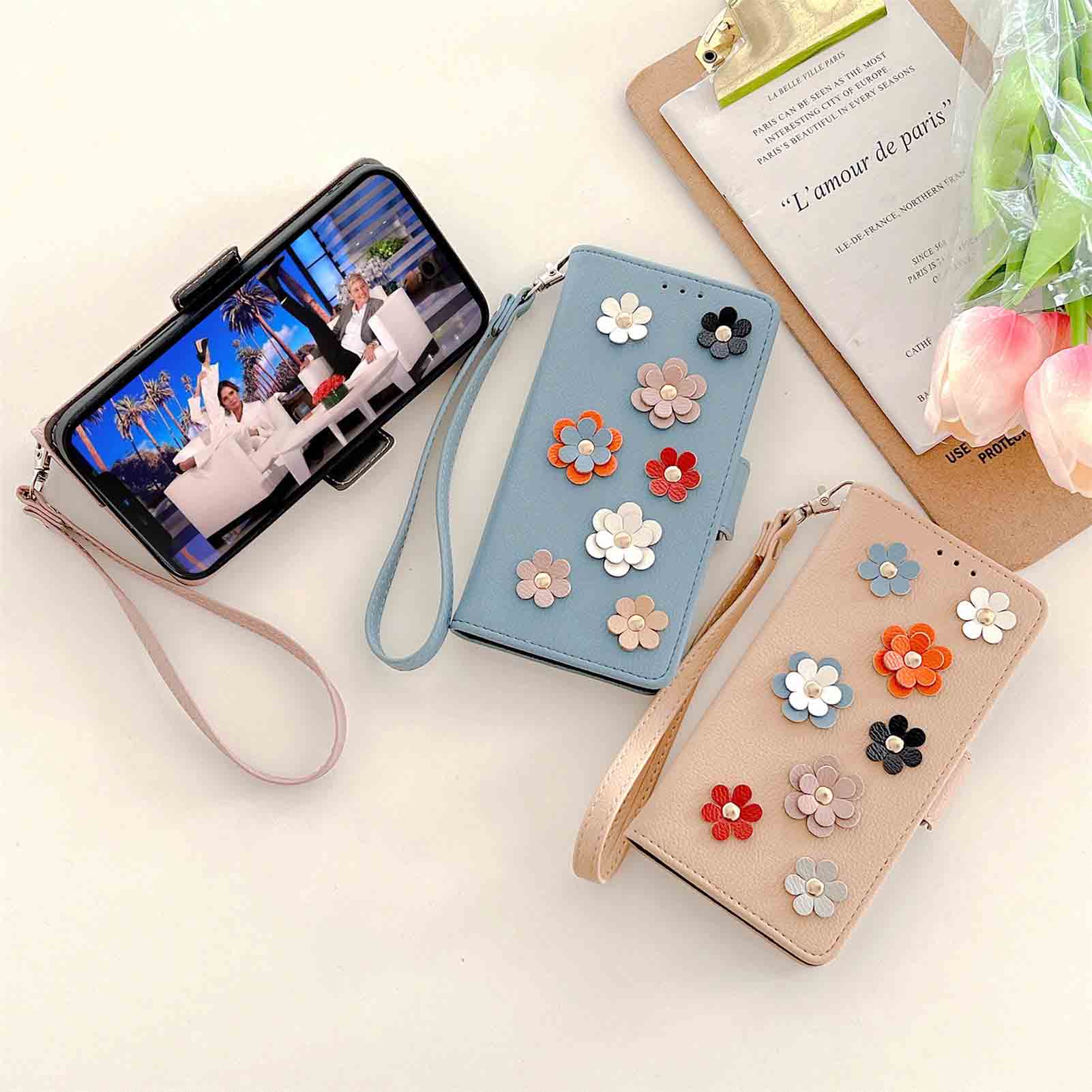 手帳型スマホケース iphone13/14専用の立体花柄手帳型ケース