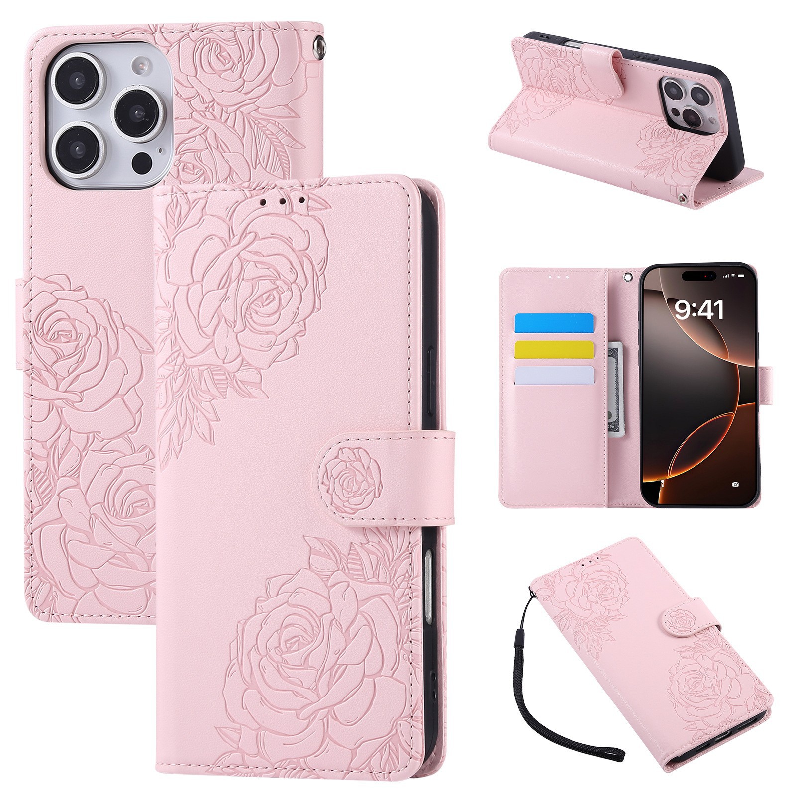 手帳型スマホケース 薔薇の型押しデザイン手帳型アイフォンケース
