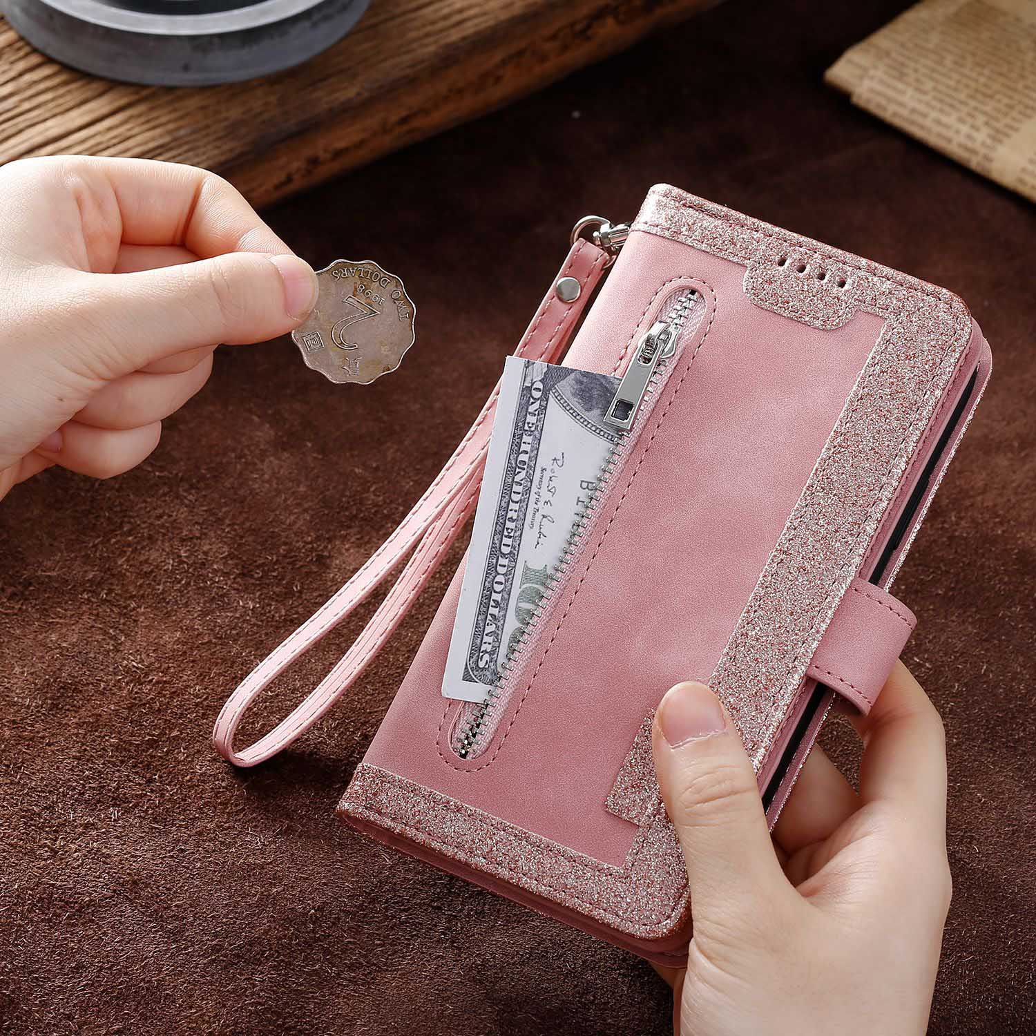 手帳型スマホケース iPhone12/13 ジッパー付きレザー調ケース