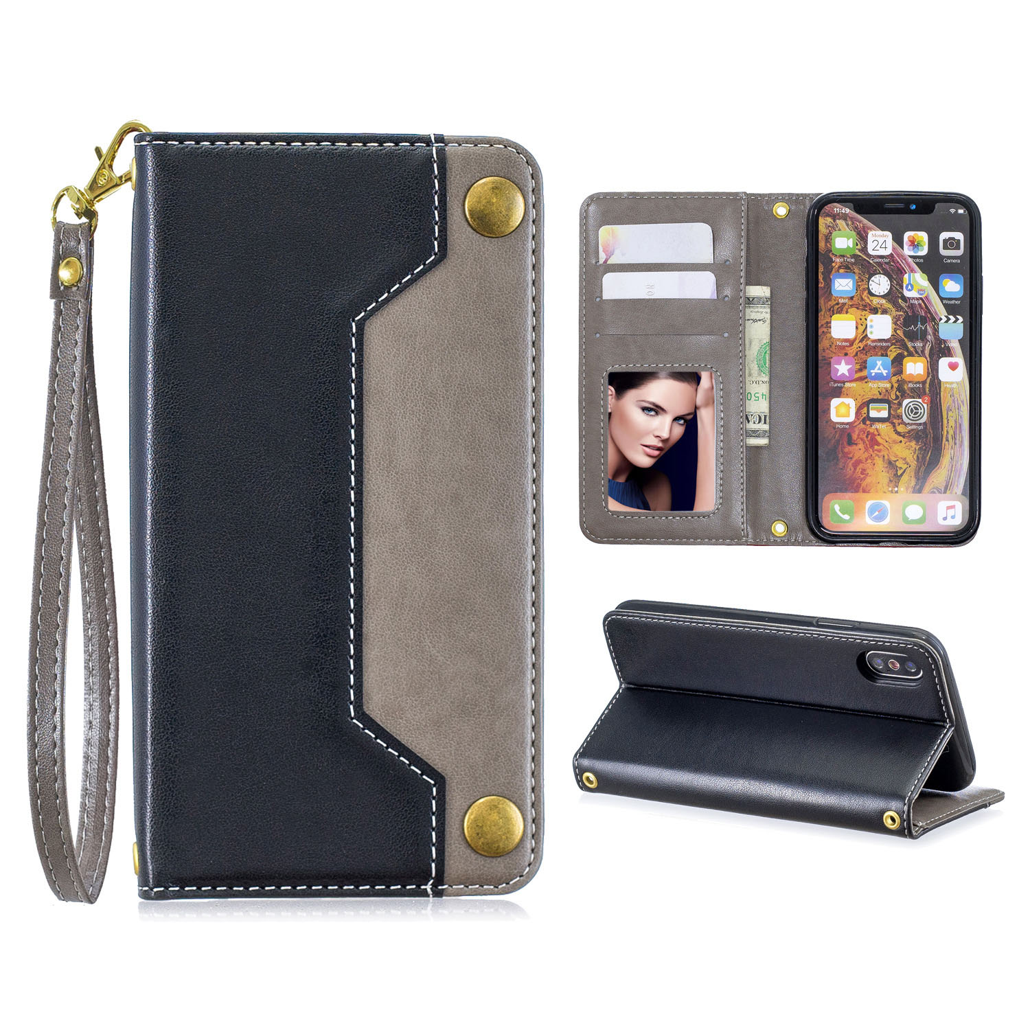 手帳型スマホケース 本革風カード収納付きiPhoneケース