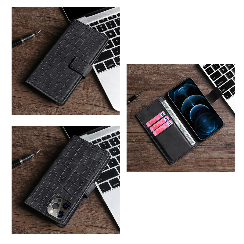 手帳型スマホケース iPhone11/12/13 クロコ調の高級レザー耐衝撃保護カバー