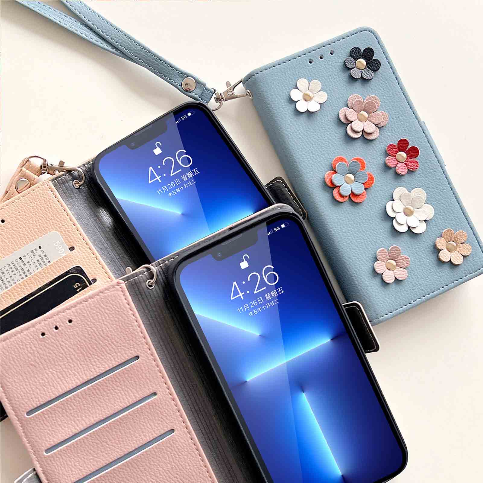 手帳型スマホケース iphone13/14専用の立体花柄手帳型ケース