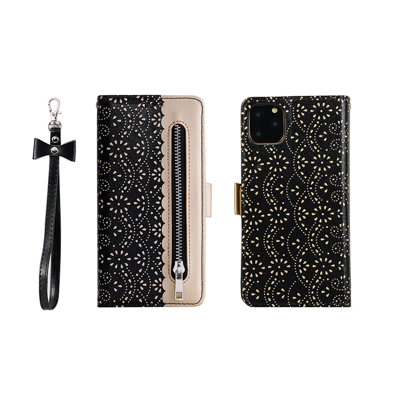 手帳型スマホケース 花柄レースiPhone12/13ファスナー付き多機能