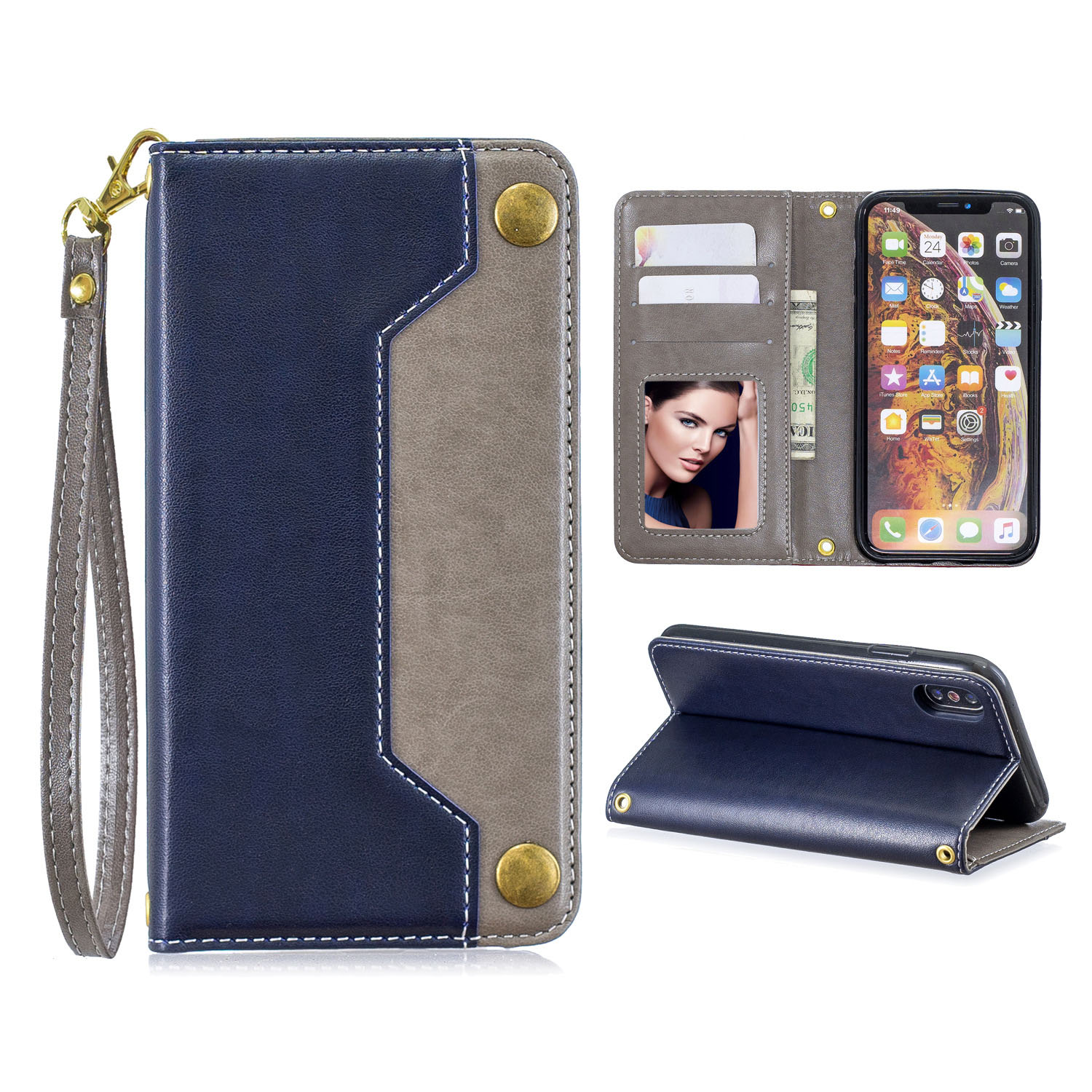 手帳型スマホケース 本革風カード収納付きiPhoneケース