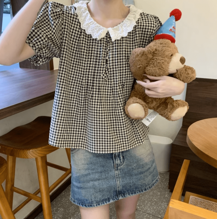 量産型/参戦服/推し活 大きめの襟が可愛い!ギンガムチェックブラウス
