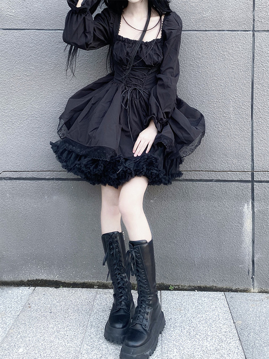 量産型/参戦服/推し活 編み上げブラックワンピース