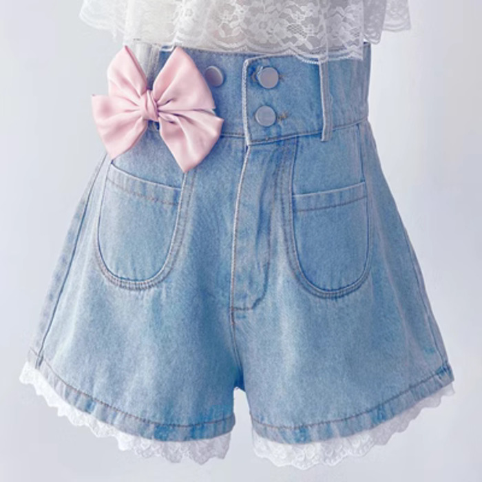 量産型/参戦服/推し活 女子っぽピンクリボンがかわいい♡デニムホットショーツ！　ズボン