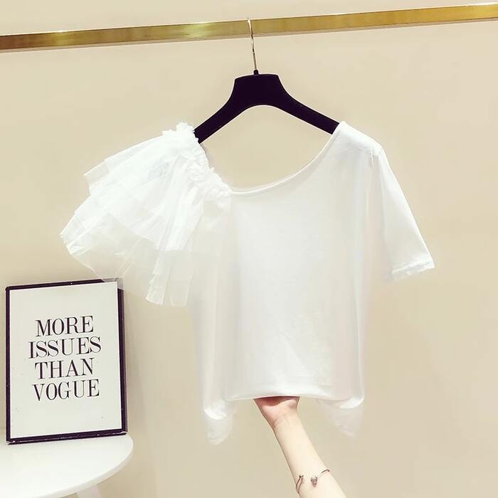 量産型/参戦服/推し活 アシンメトリーデザインが可愛い！袖フリルTシャツ