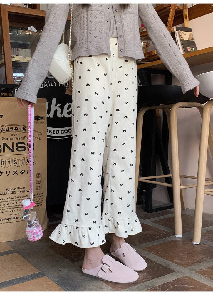 量産型/参戦服/推し活 リボンプリント柄フリル９分丈ワイドパンツ