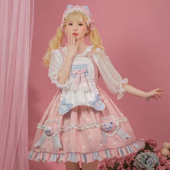量産型/参戦服/推し活 夢かわパステルドリームピンクエプロンワンピース