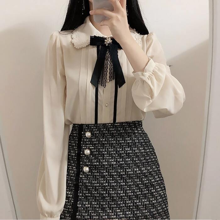 量産型/参戦服/推し活 フリルレースストライプブラウス